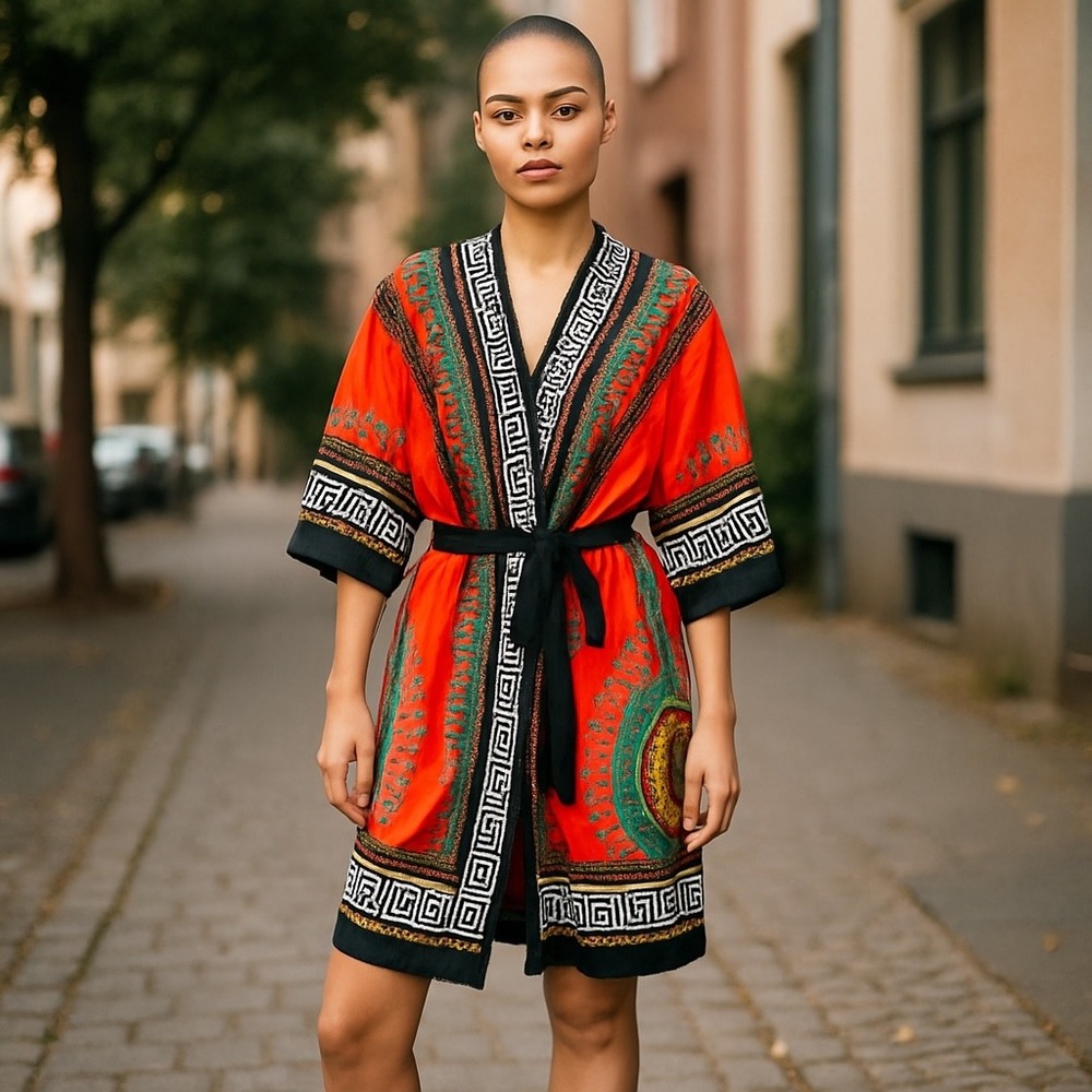 COOFANDY Kimono Robe Orange Greek Key Print Open Front Duster Cardigan‎ Large